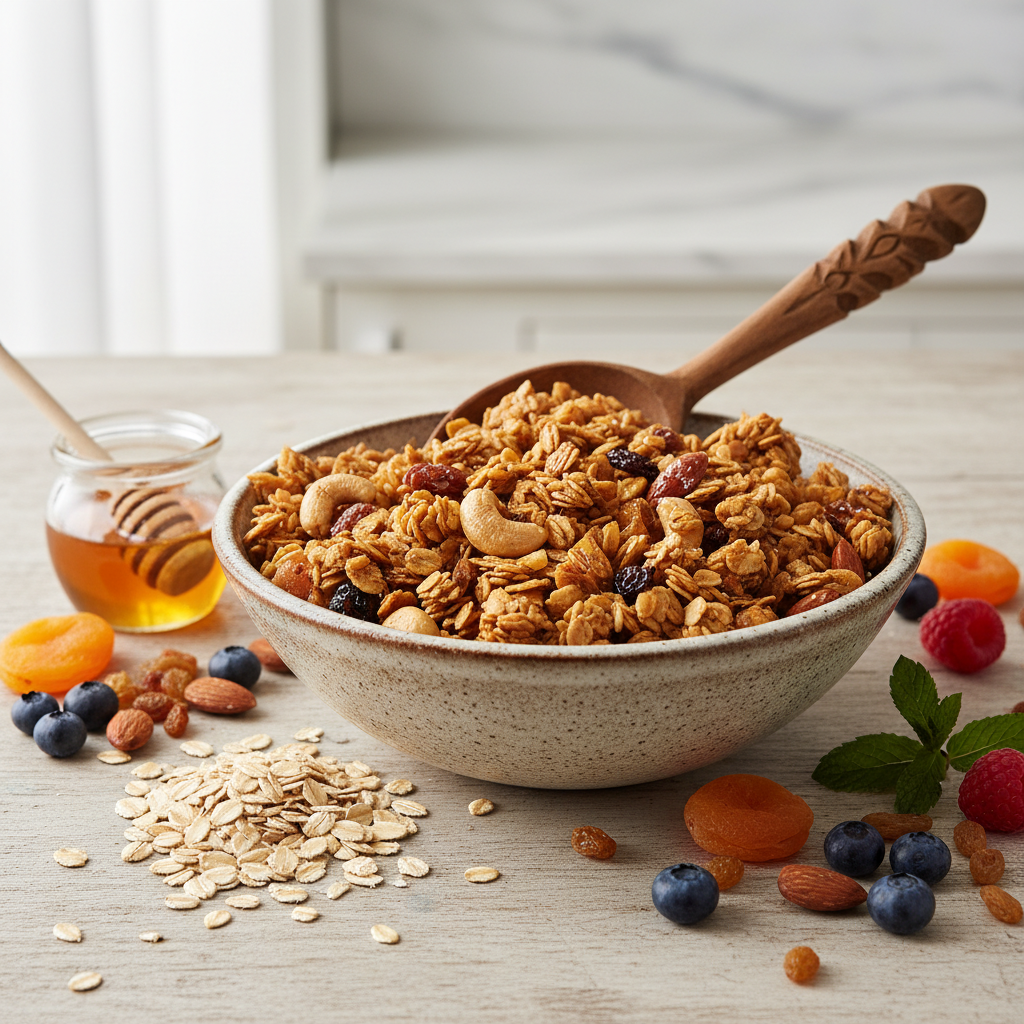 Naminė granola su ekologiškais avižiniais dribsniais ir medumi dubenyje